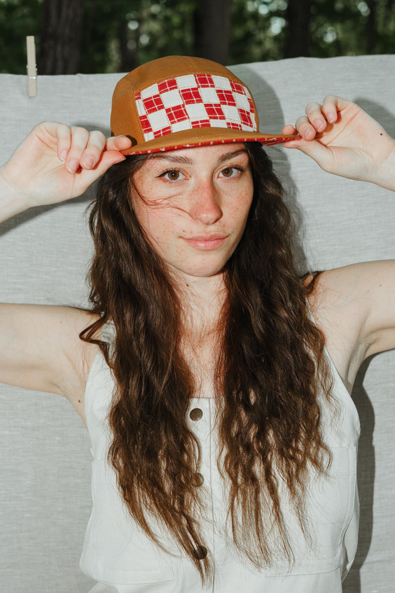 Quilted Camp Hat by Sundew Sewing in Red Check Grid
