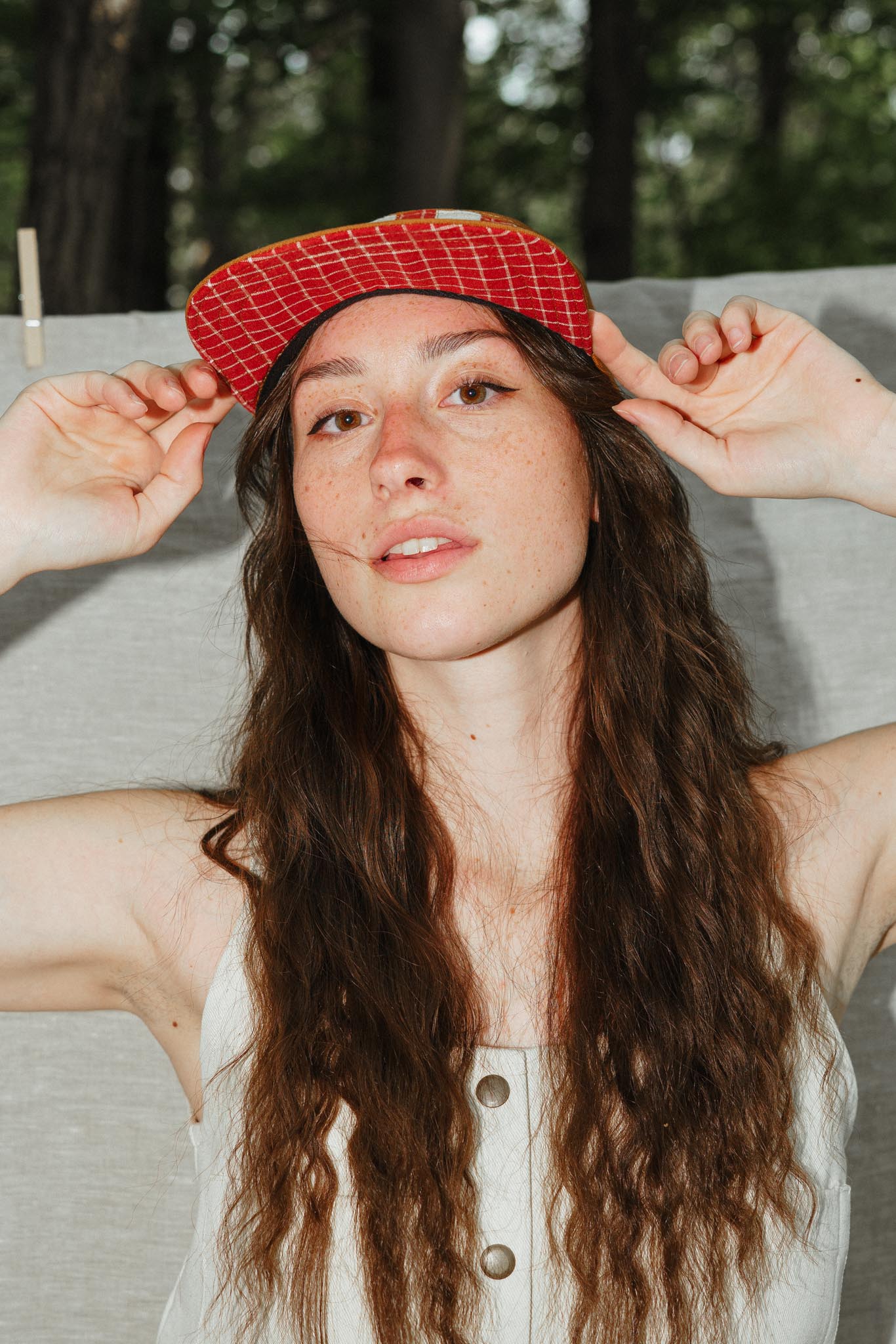 Quilted Camp Hat by Sundew Sewing in Red Check Grid