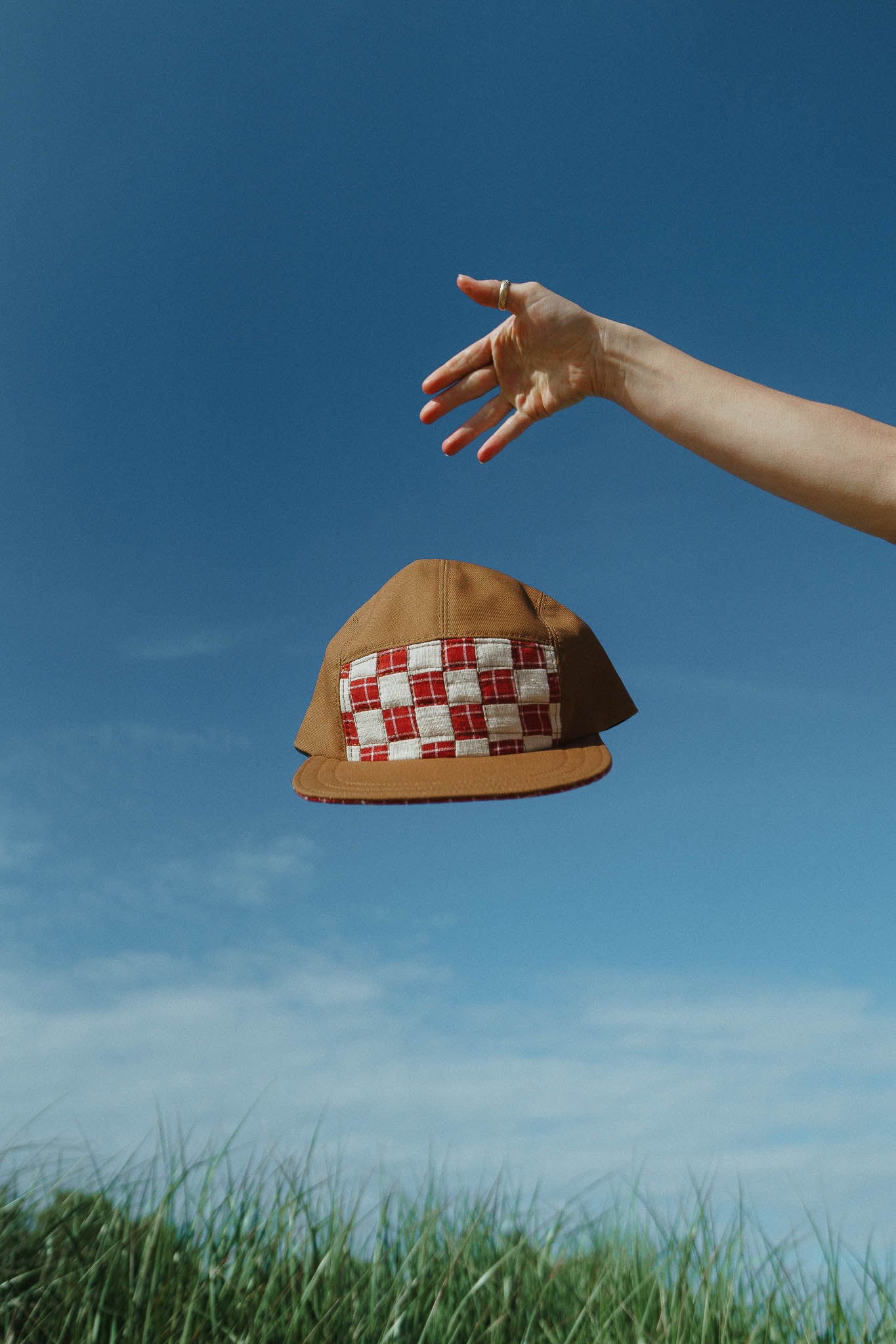 Quilted Camp Hat by Sundew Sewing in Red Check Grid