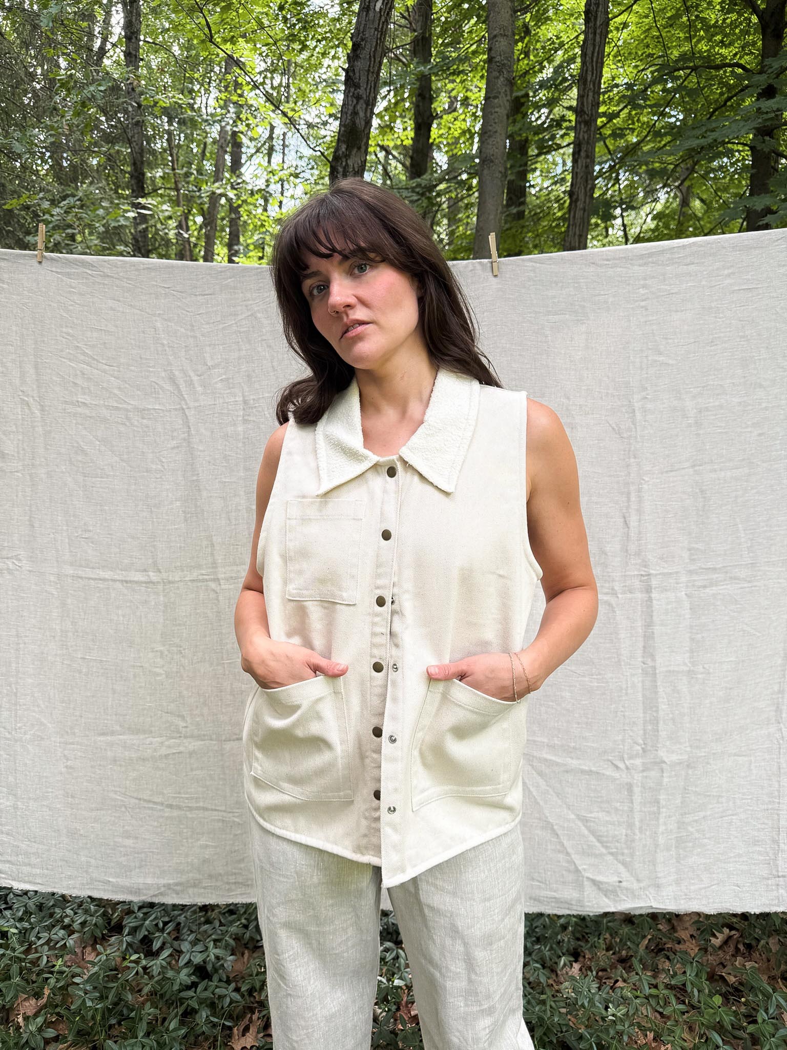 Collared Vest in Organic Natural Denim